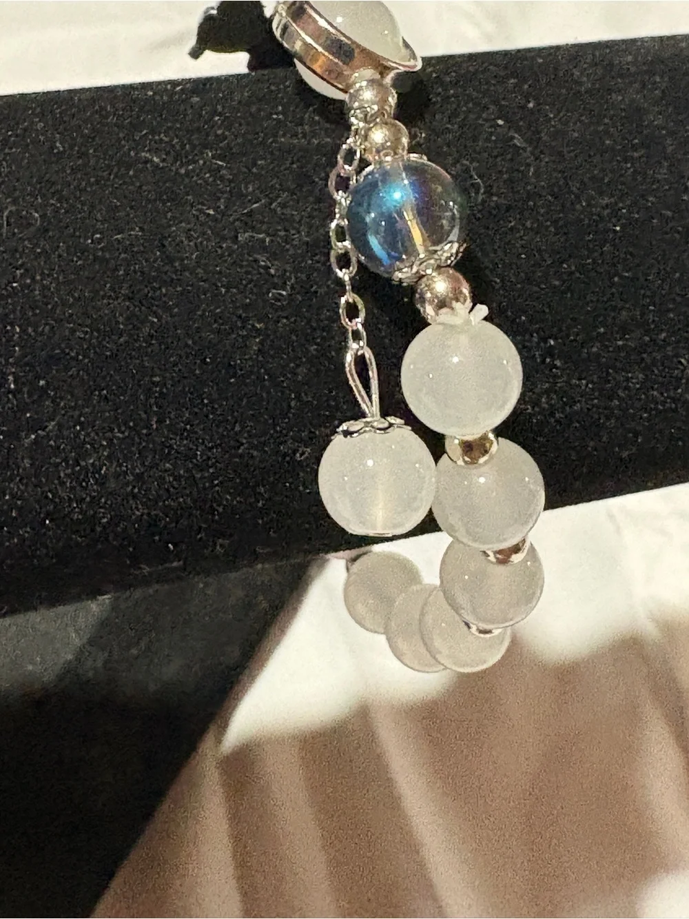 Silver Butterfly Gray Beaded Bracelet – Rhinestone Charm – Elegant Stretch Brace